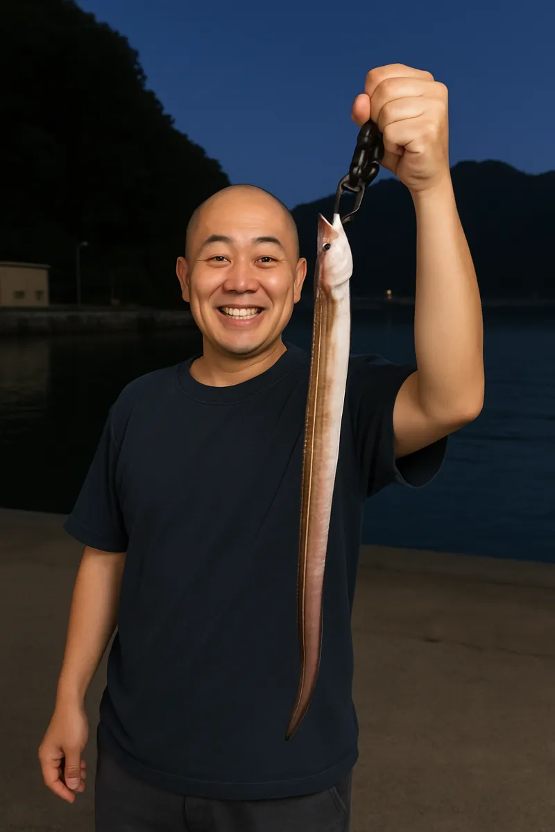 桑ノ浜漁港でアナゴの釣果を得たがんだま君.webp