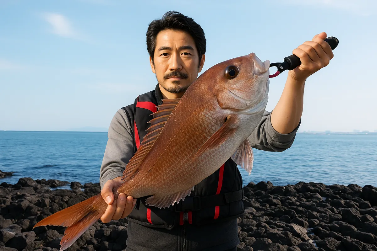 桜島でマダイの釣果を得た佐々木.webp
