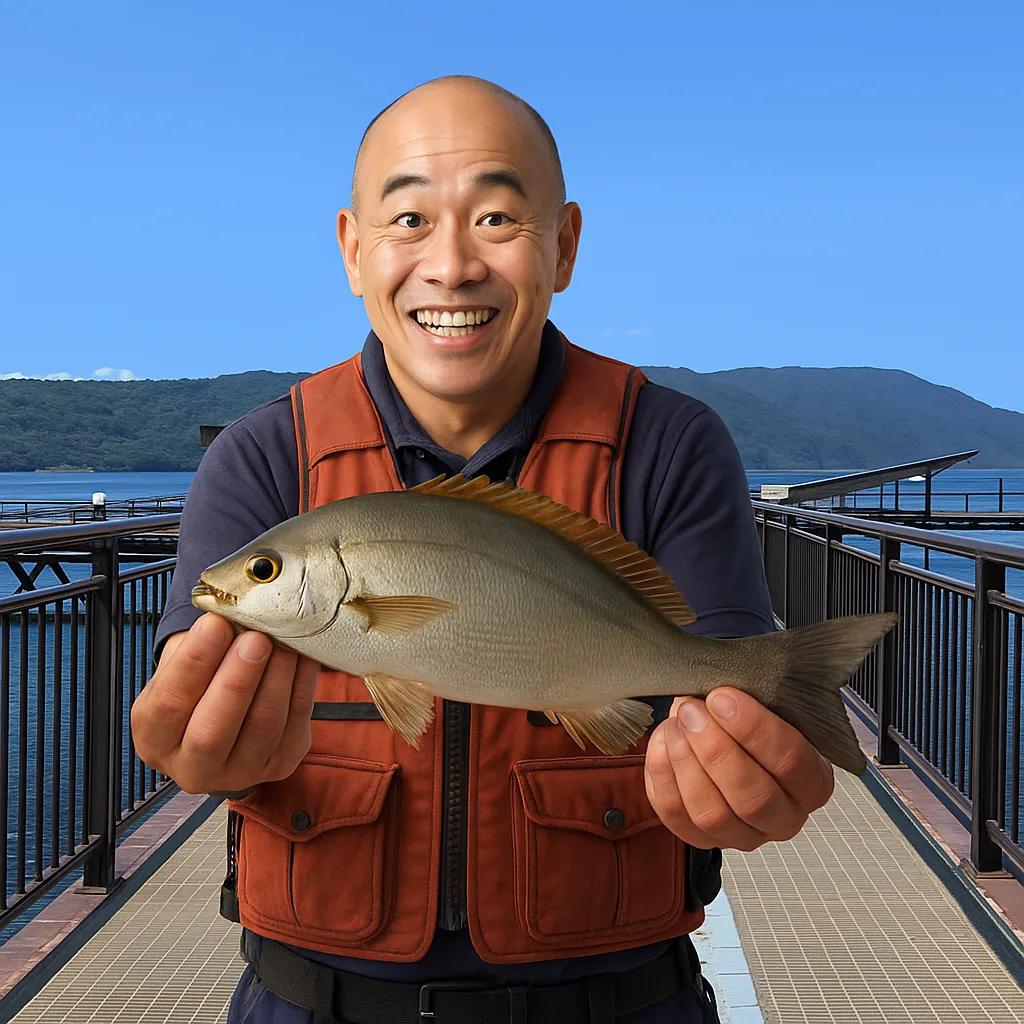 桜島海づり公園でイサキの釣果を得たがんだま君.webp