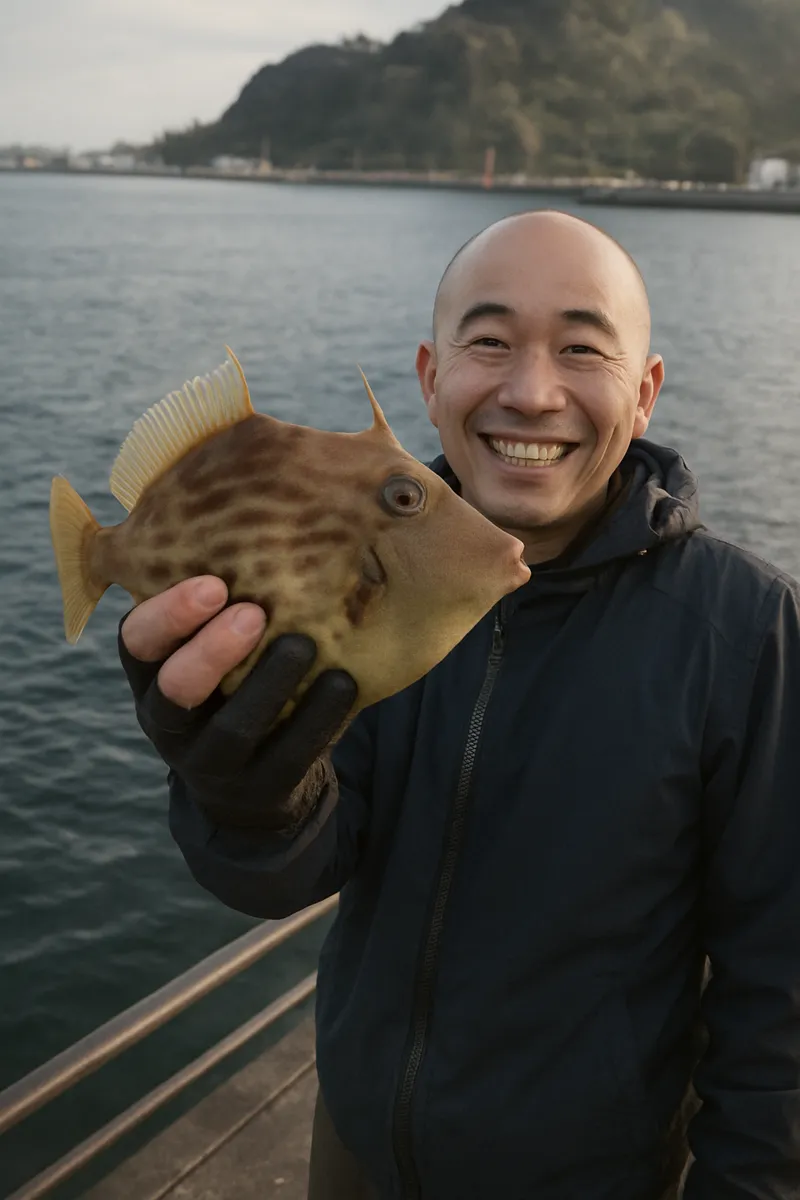 桜島海づり公園でカワハギの釣果を得たがんだま君.webp