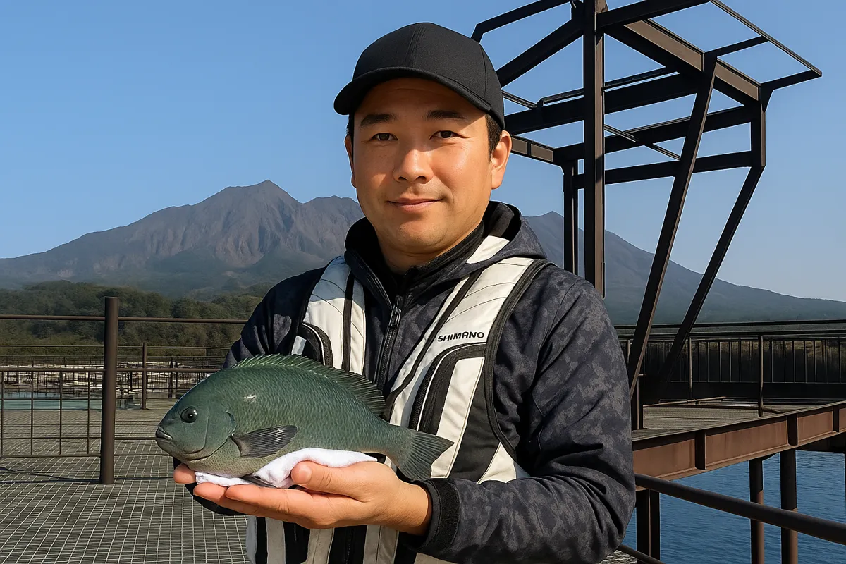 桜島海づり公園でグレの釣果を得た男性.webp