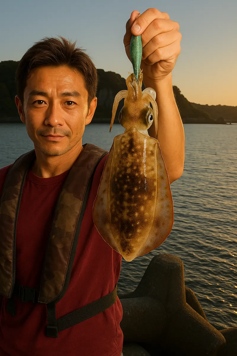 椿漁港でエギングの釣果を得た亀岡.webp