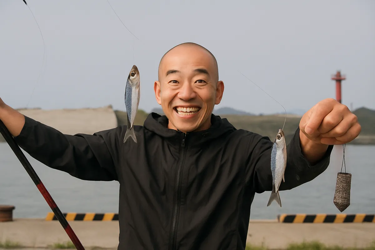 横浜漁港でイワシの釣果を得たがんだま君.webp