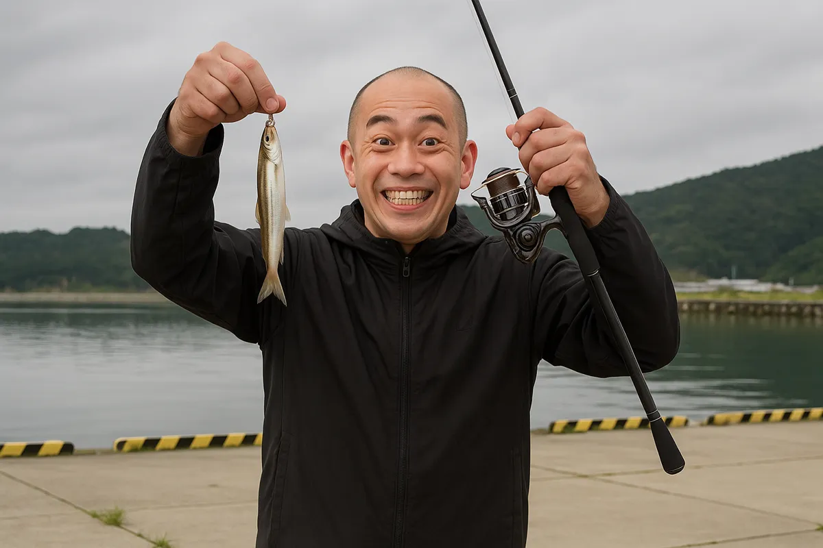 横浦漁港でチカの釣果を得たがんだま君.webp