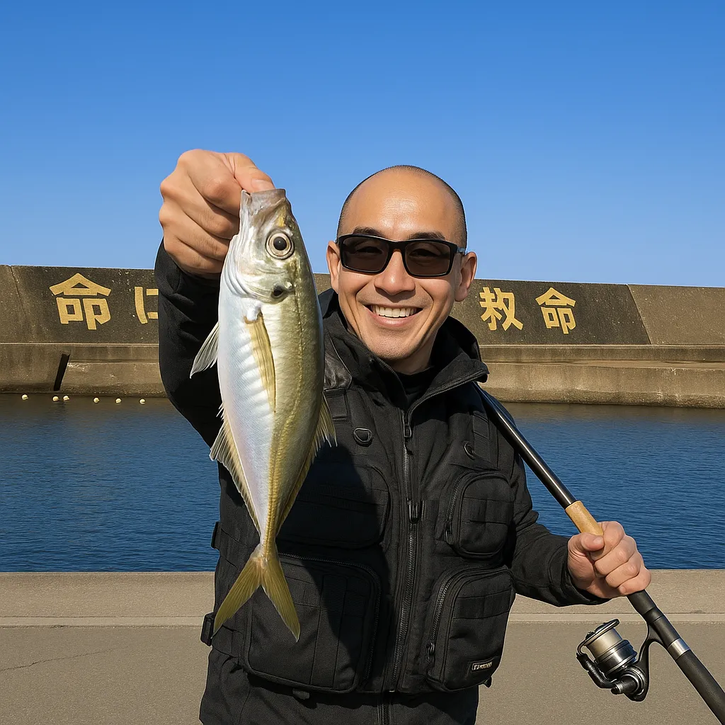横磯漁港でアジの釣果を得たがんだま君.webp