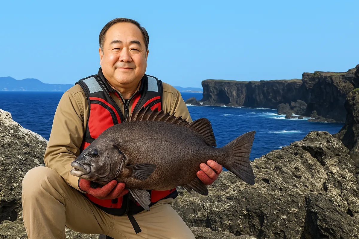 残波岬でガラサーミーバイの釣果を得た持田.webp