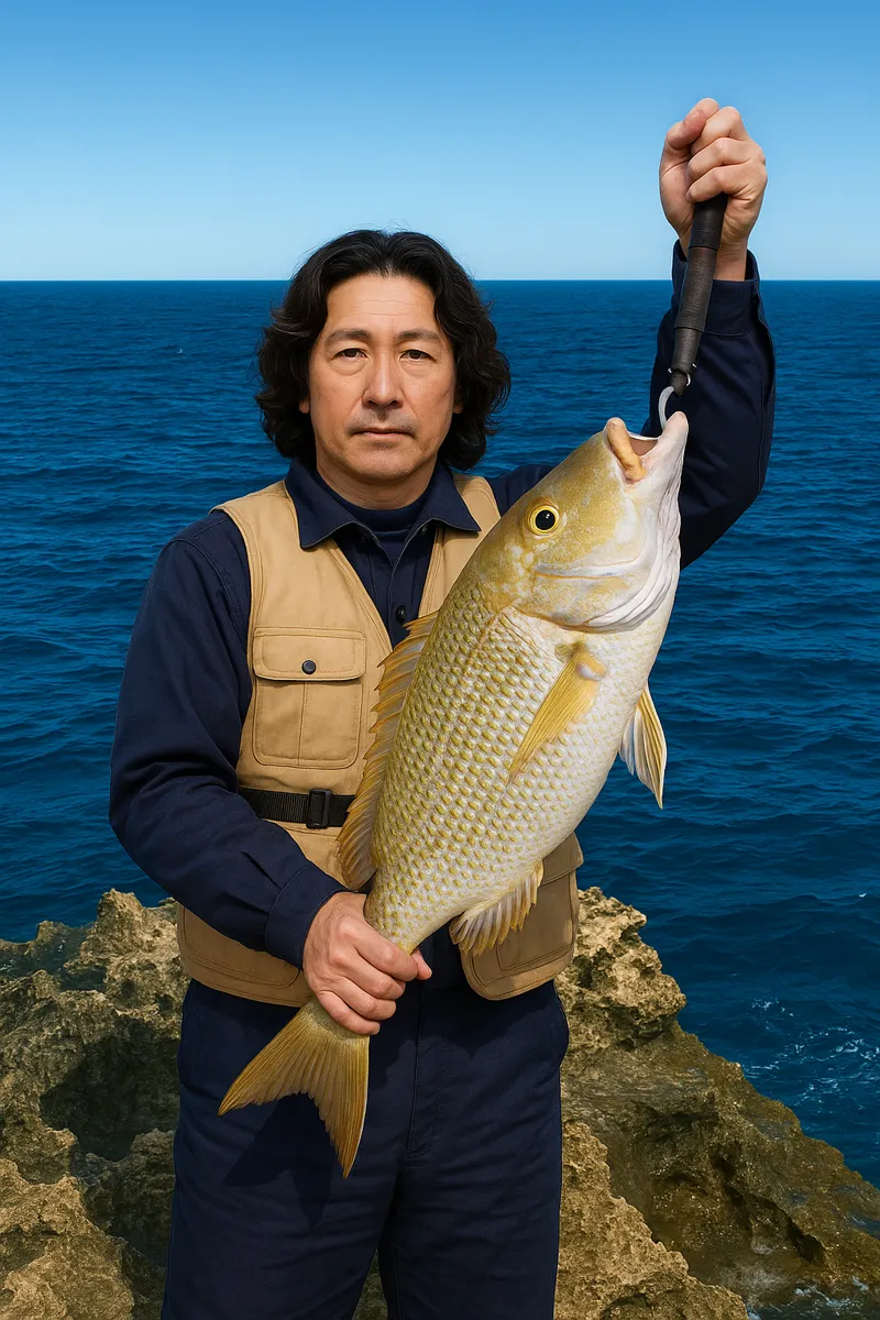 残波岬でタマンの釣果を得た岸本.webp