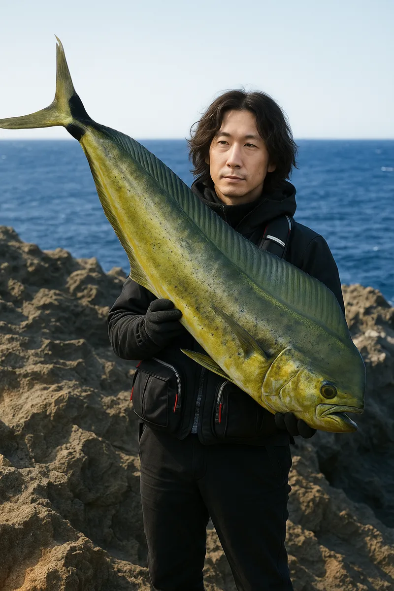 残波岬でマンビカーの釣果を得た岸本.webp