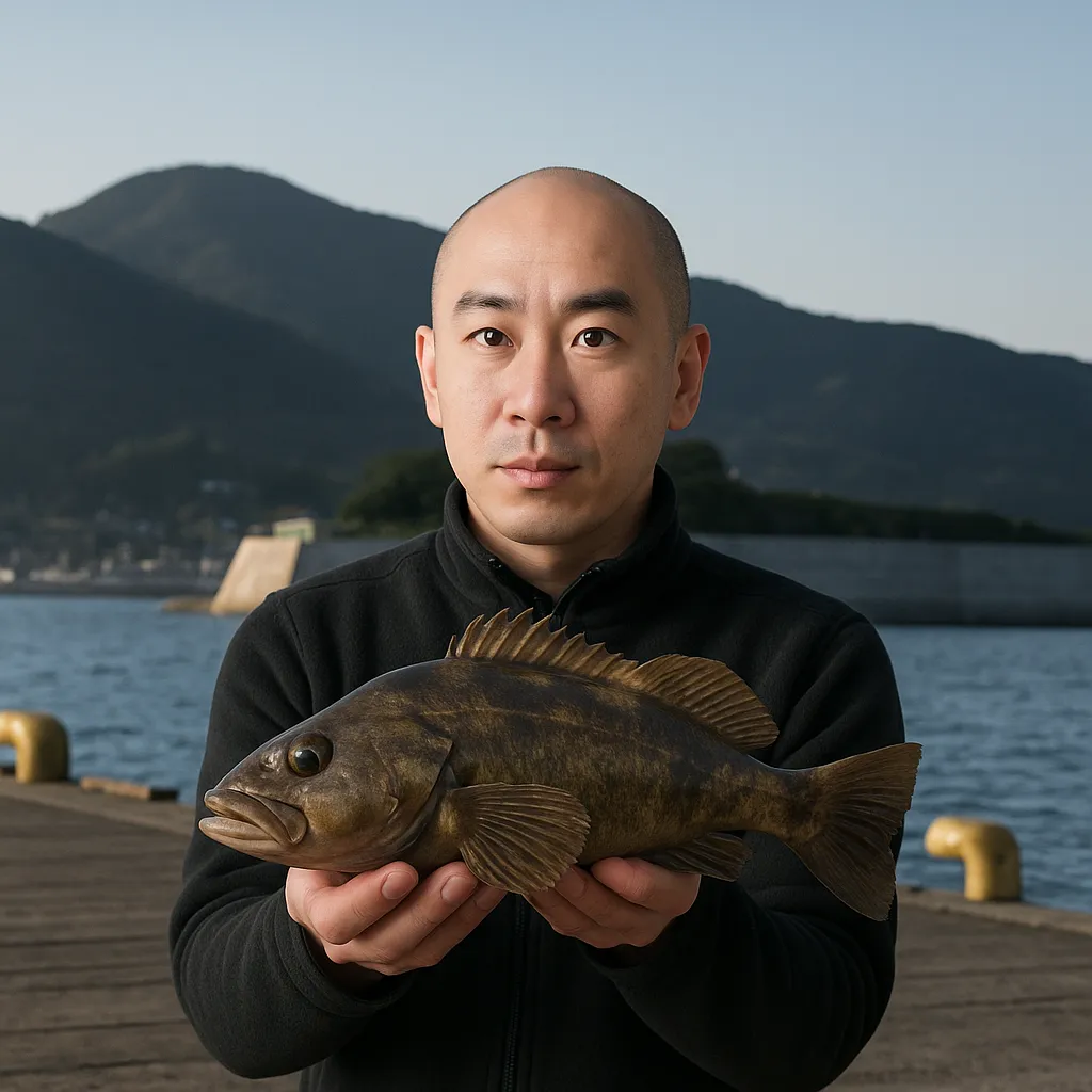 気仙沼港でアイナメの釣果を得たがんだま君.webp