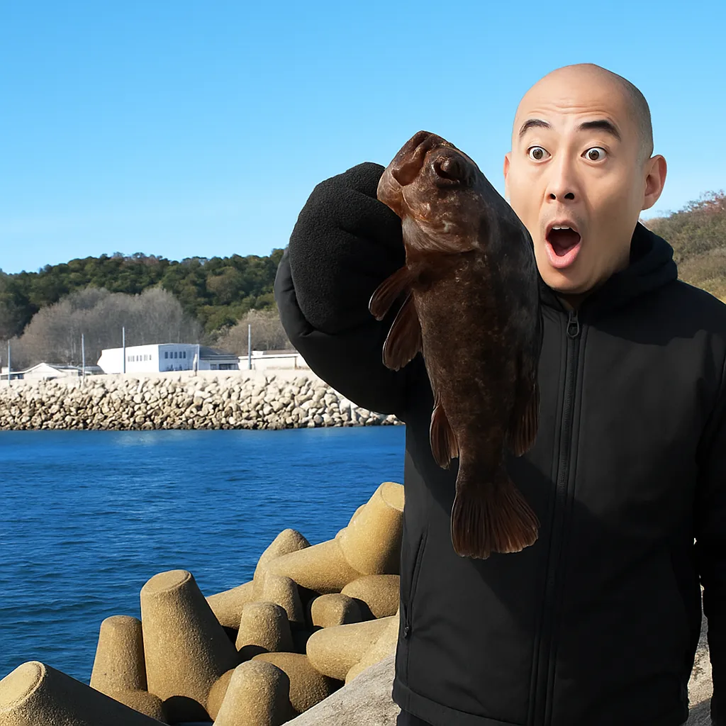 江名港でソイの釣果を得たがんだま君.webp