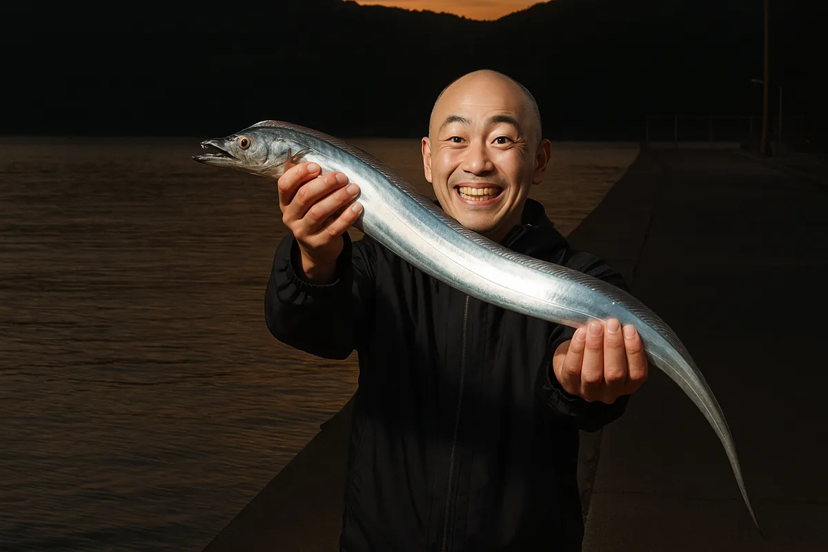 油津港でタチウオの釣果を得たがんだま君.webp
