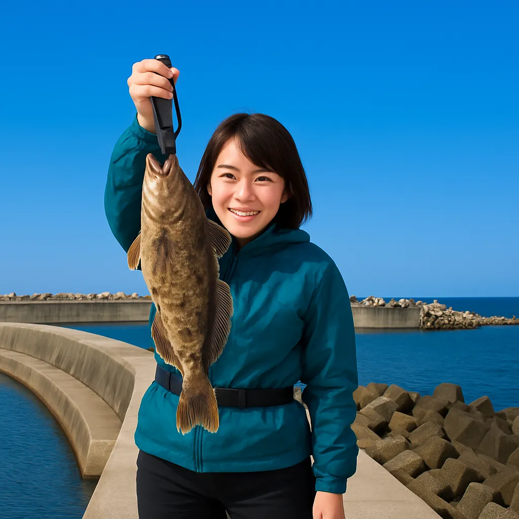 沼之内港でアイナメの釣果を得た女性.webp