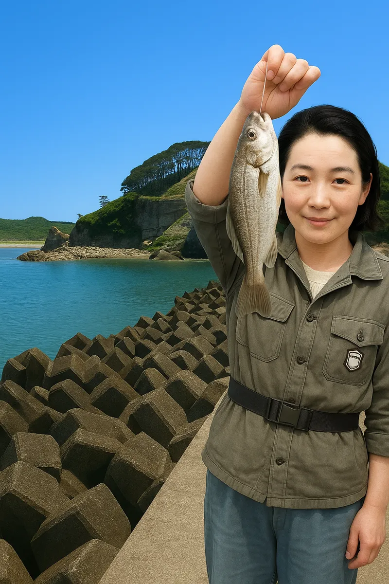 沼之内港でイシモチの釣果を得た女性.webp