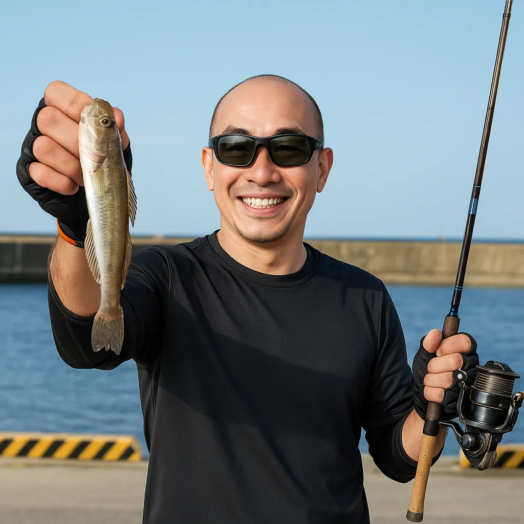 沼之内港でハゼの釣果を得たがんだま君.webp