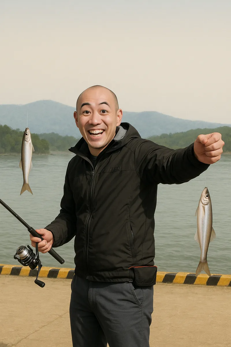 泊浜漁港でチカの釣果を得たがんだま君.webp