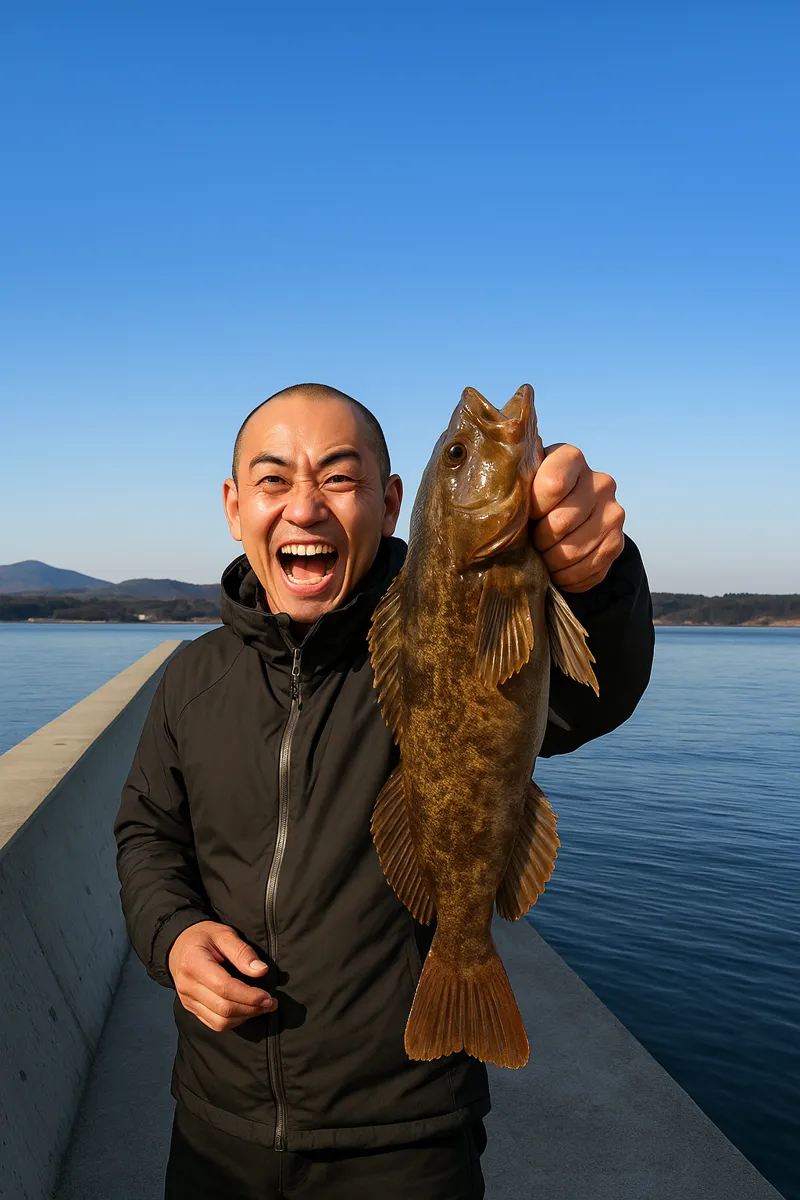 波伝谷漁港でアイナメの釣果を得たがんだま君.webp