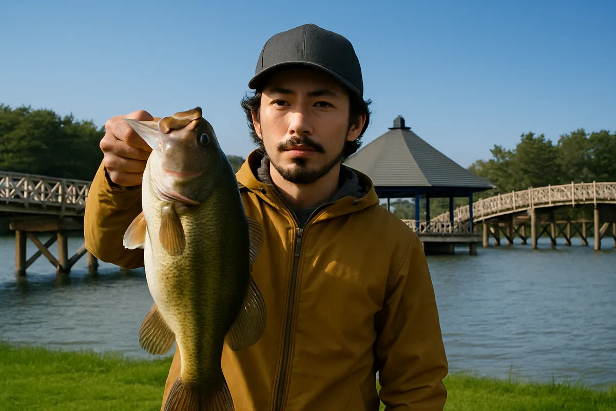津軽富士見湖でブラックバスの釣果を得た澤田.webp