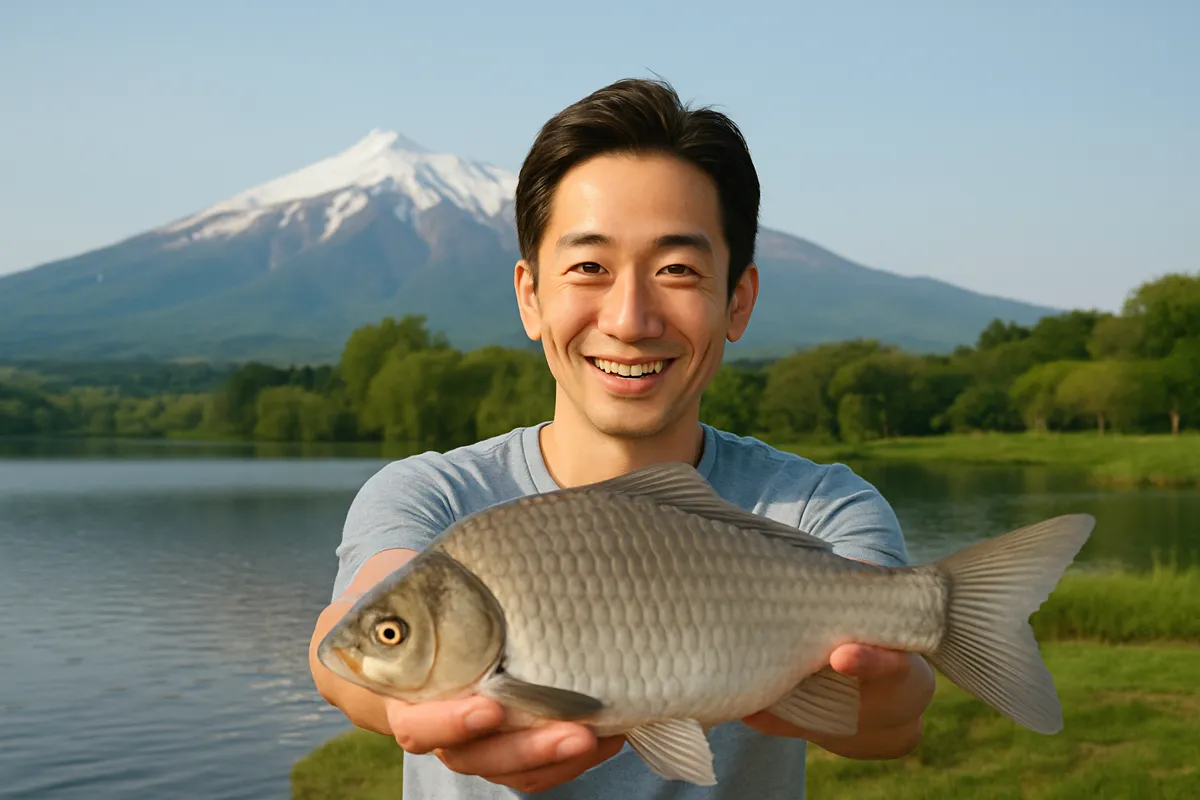 津軽富士見湖でヘラブナの釣果を得た勝田.webp