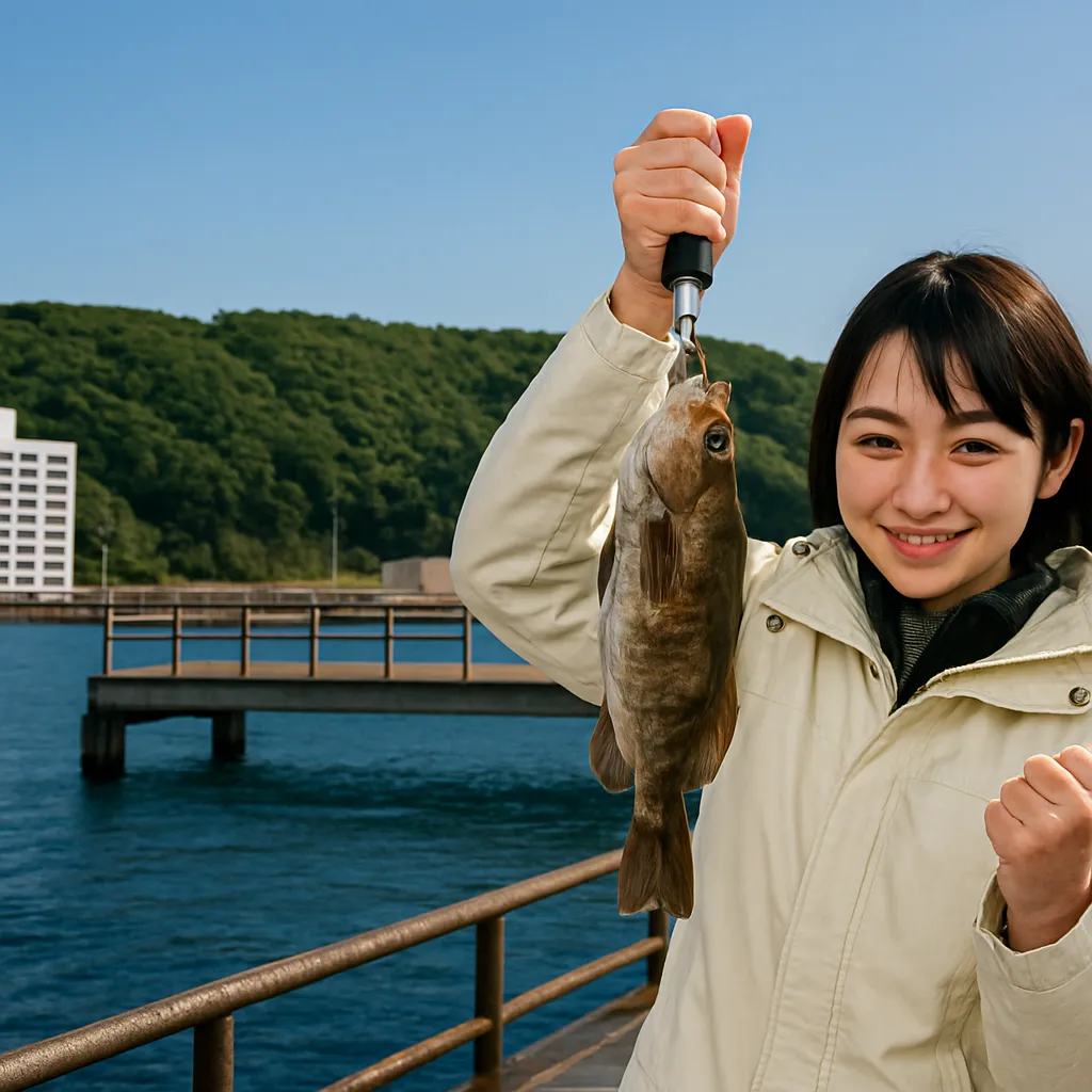 浅虫海づり公園でアイナメの釣果を得た女性.webp