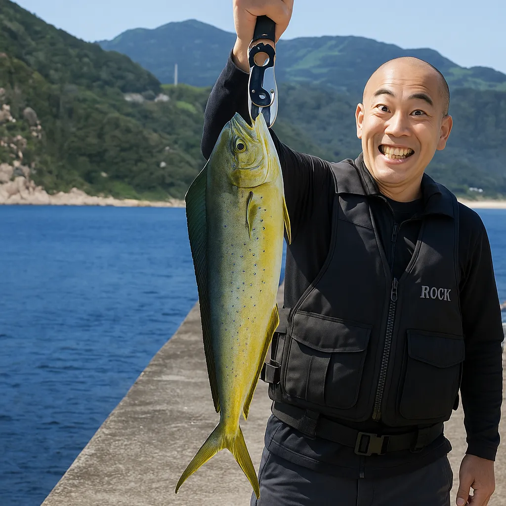 浜尻港でシイラの釣果を得たがんだま君.webp