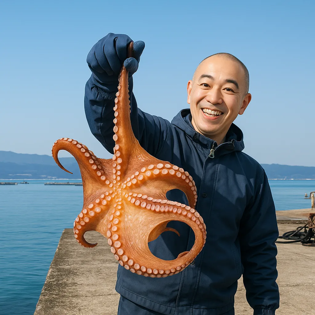 浮津港でタコの釣果を得たがんだま君.webp