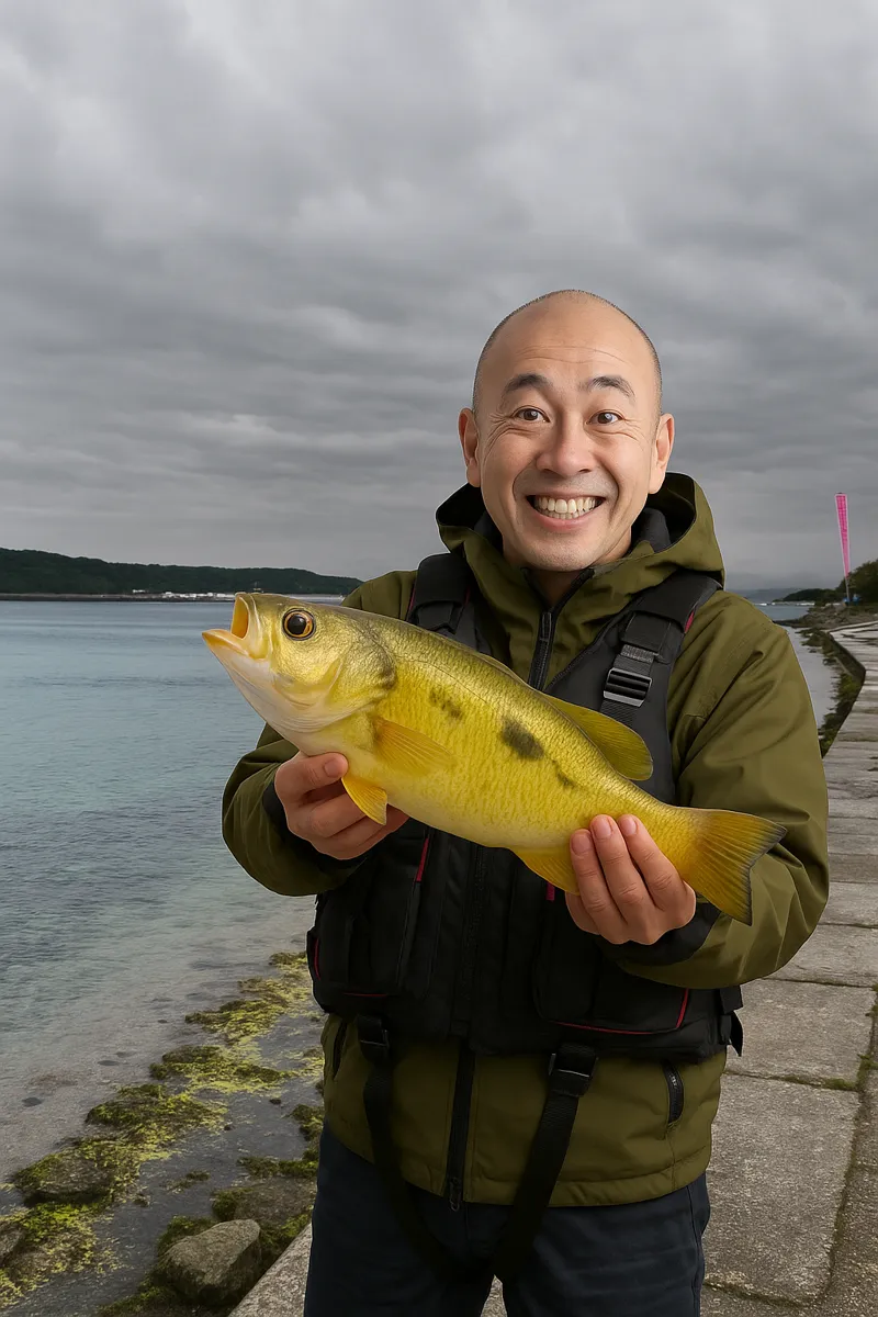 海中道路でヤマトビーの釣果を得たがんだま君.webp