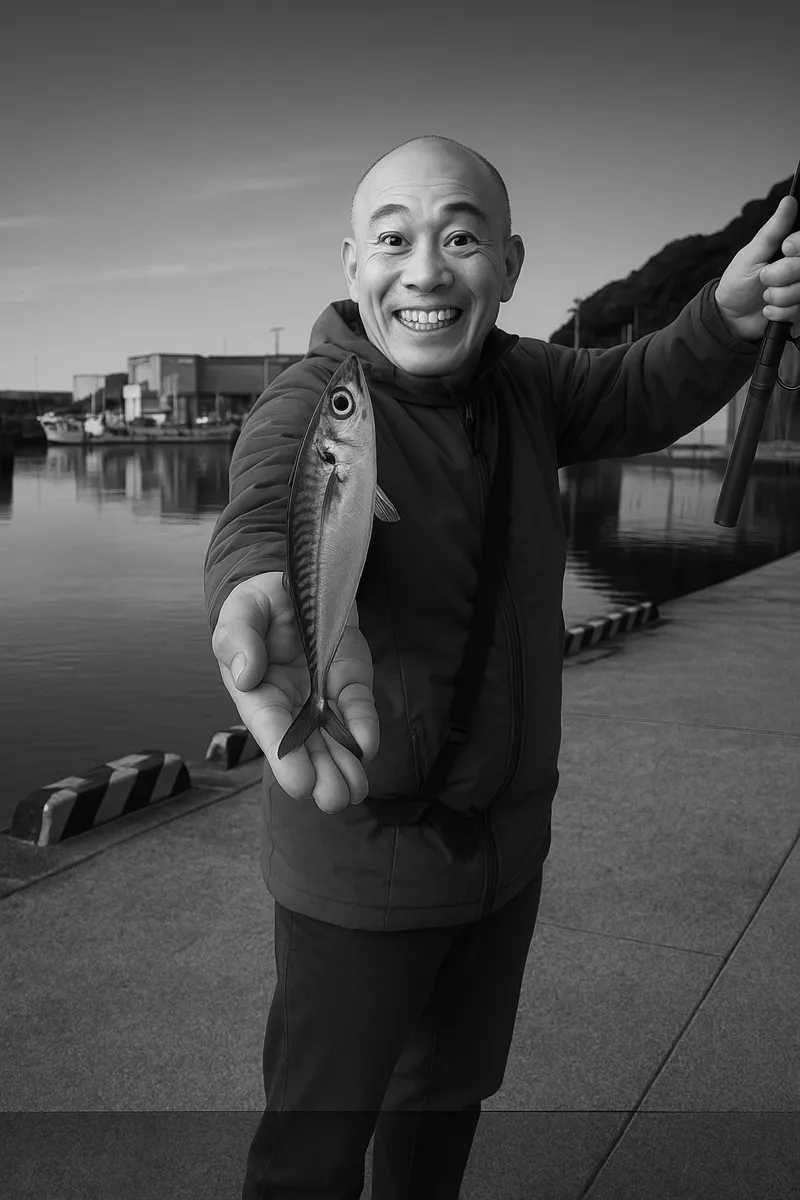 深浦港でサバの釣果を得たがんだま君.webp