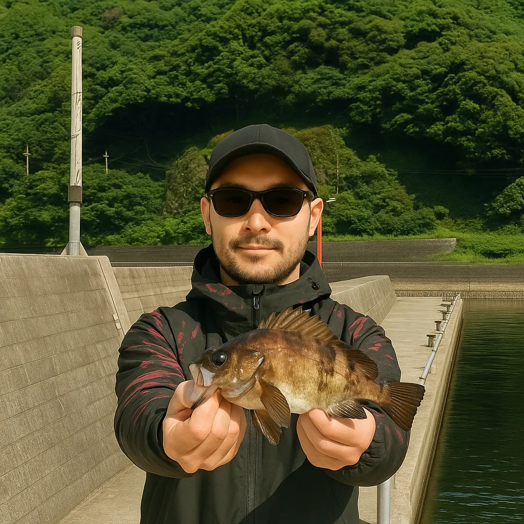 深良津港でメバリングの釣果を得た男性.webp
