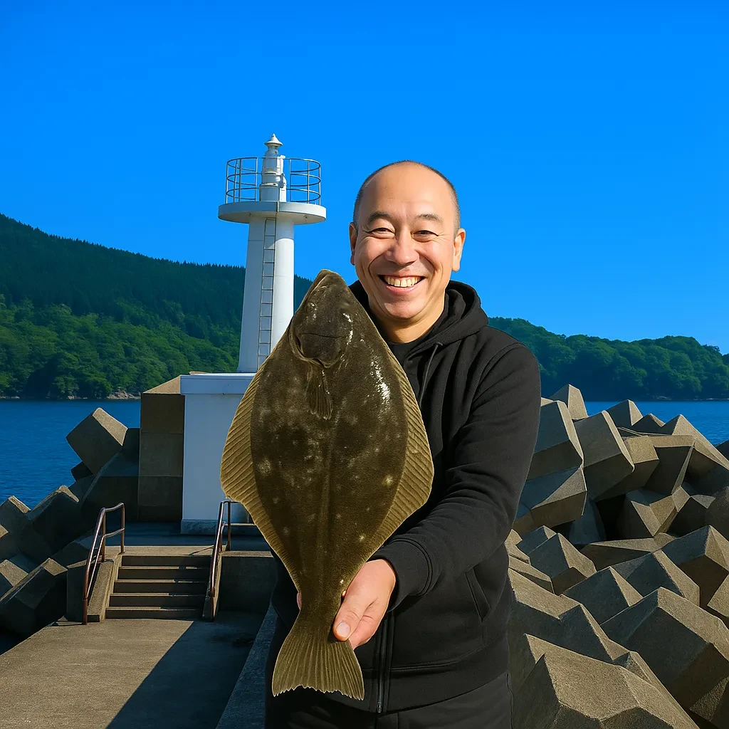 渡波漁港でイシガレイの釣果を得たがんだま君.webp