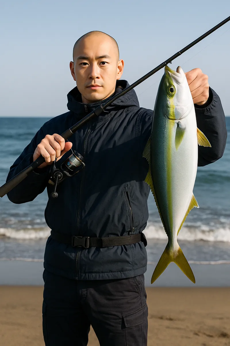 湯野浜海岸でイナダの釣果を得たがんだま君.webp
