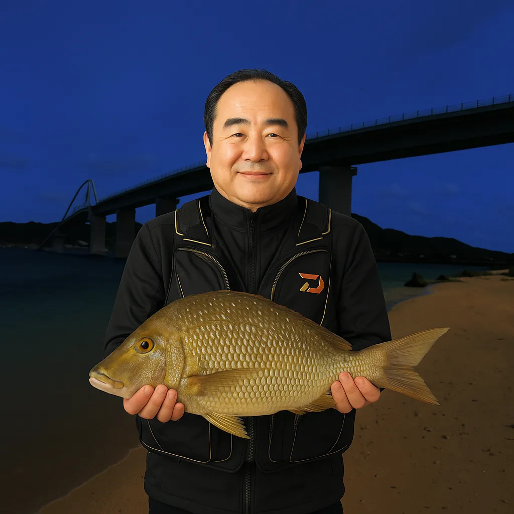 瀬底島でタマンの釣果を得た持田.webp