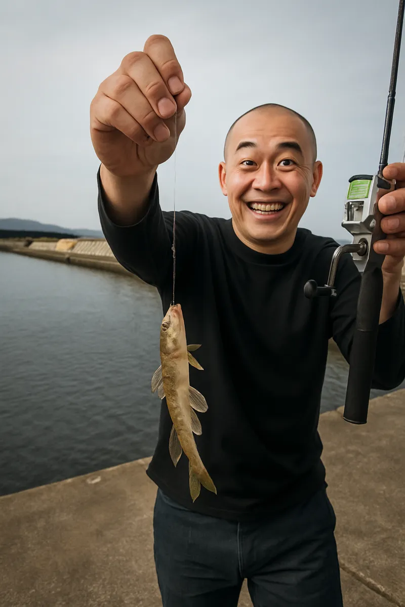 瀬辺地漁港でハゼの釣果を得たがんだま君.webp