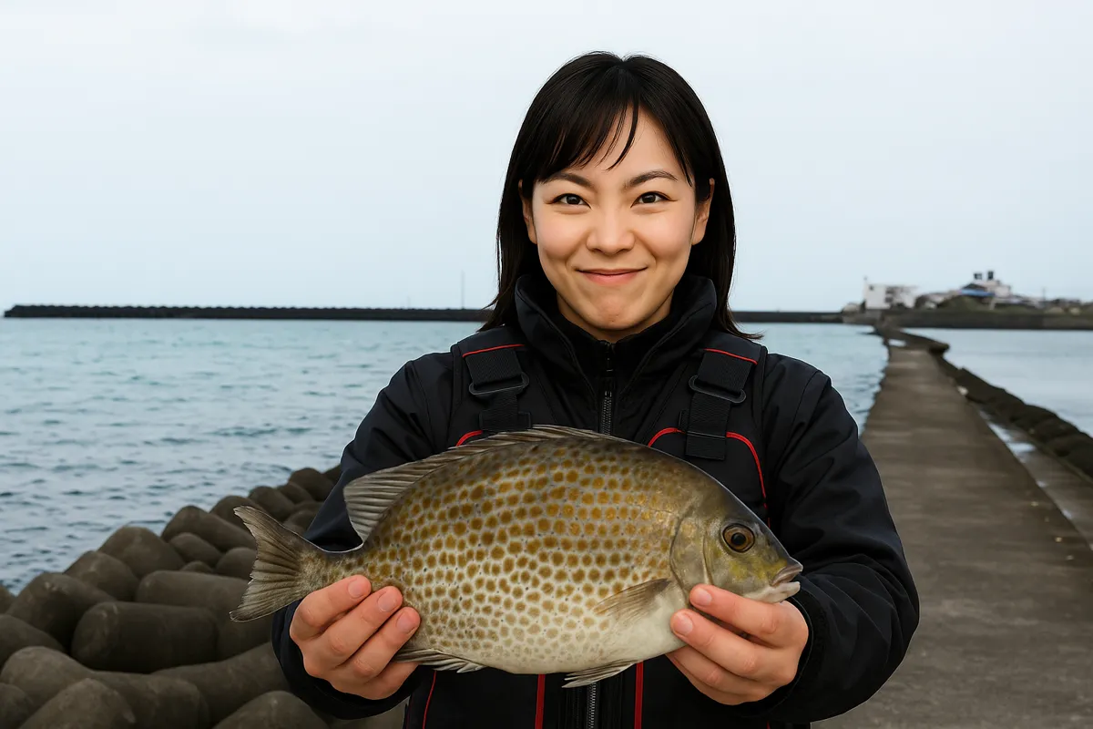 熱田漁港でカーエーの釣果を得た女性.webp