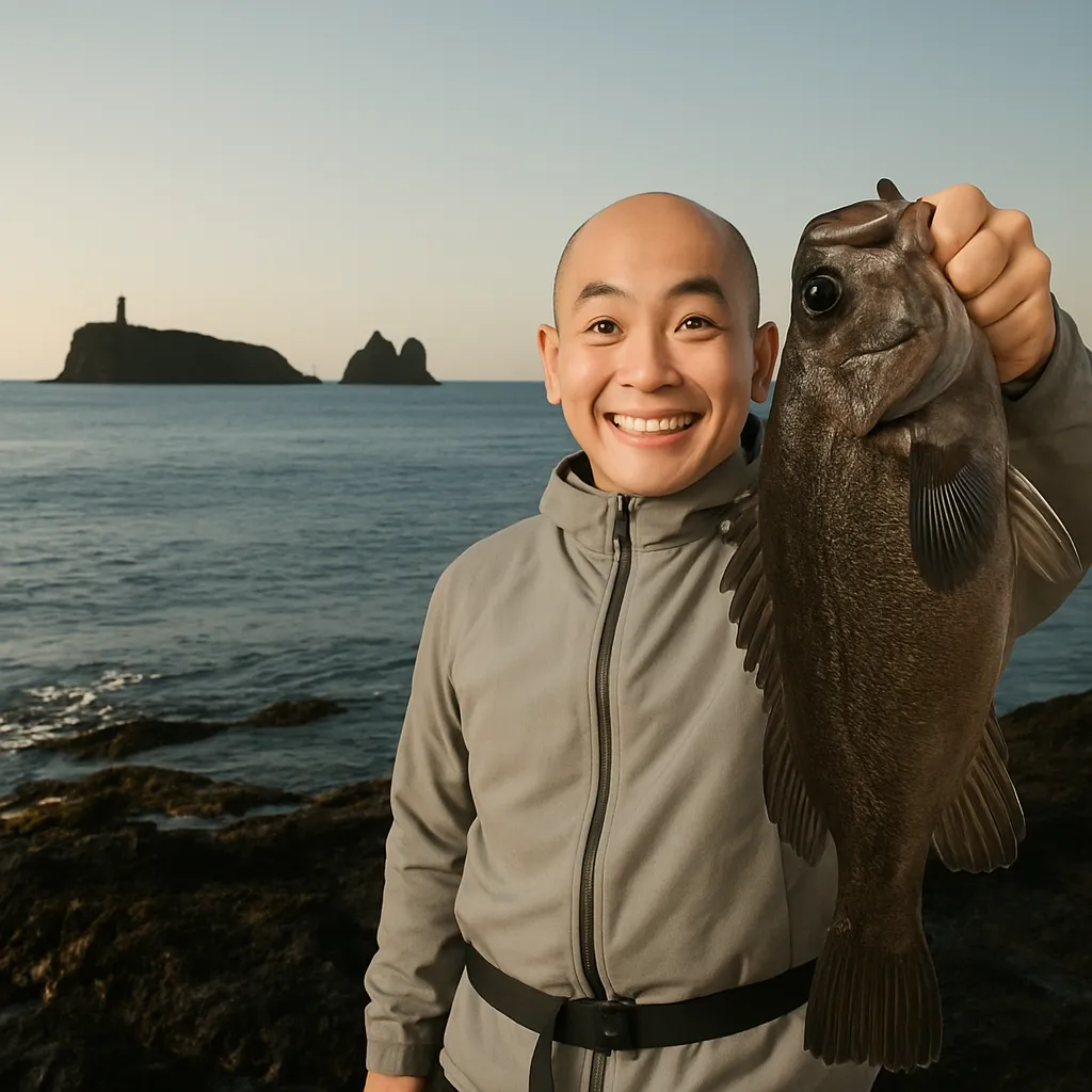 牛ノ首岬でソイの釣果を得たがんだま君.webp