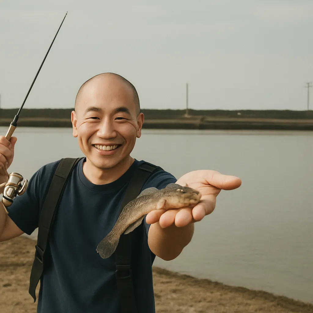 牛橋河口でハゼの釣果を得たがんだま君.webp