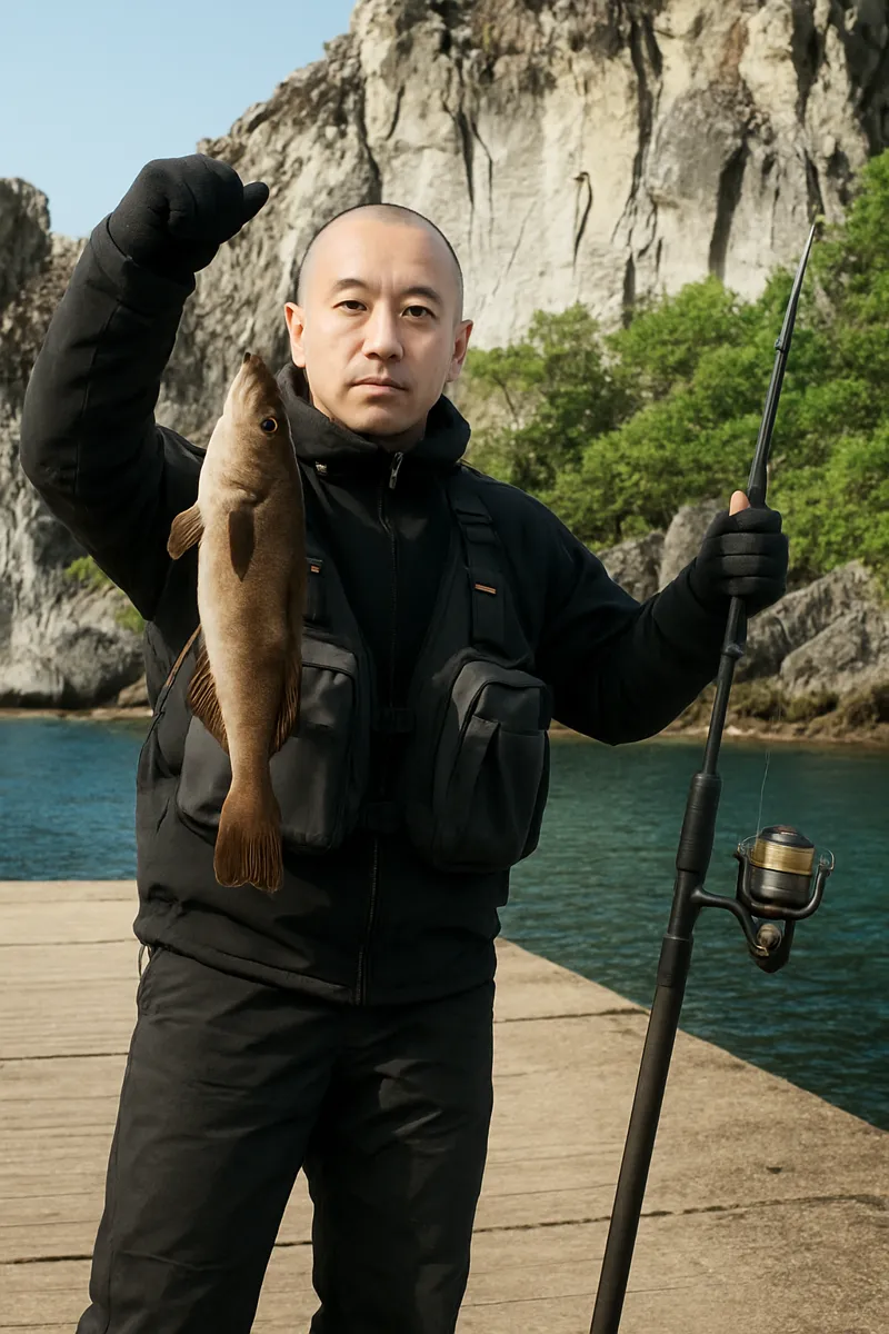 牛滝漁港でホッケの釣果を得たがんだま君.webp