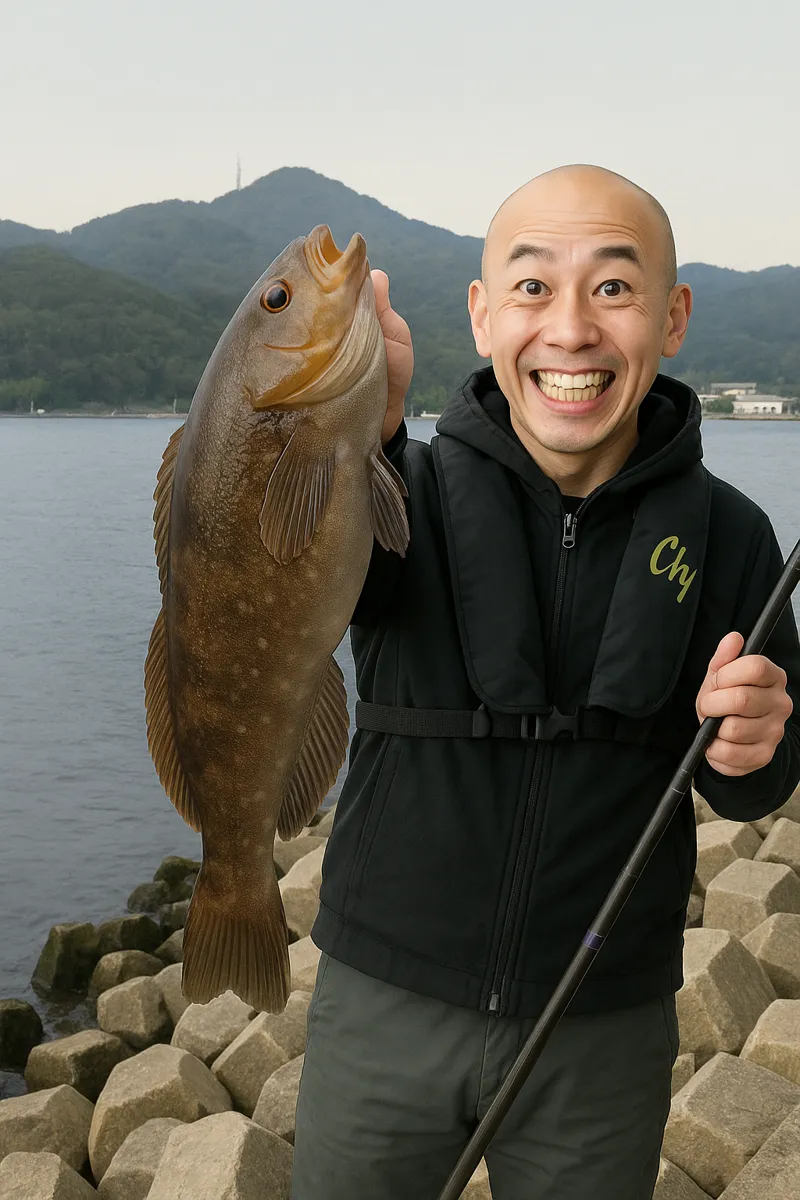 牧浜漁港でアイナメの釣果を得たがんだま君.webp