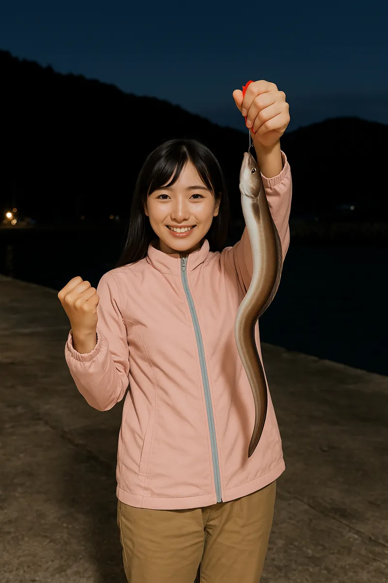 狐崎漁港でアナゴの釣果を得た黒川.webp