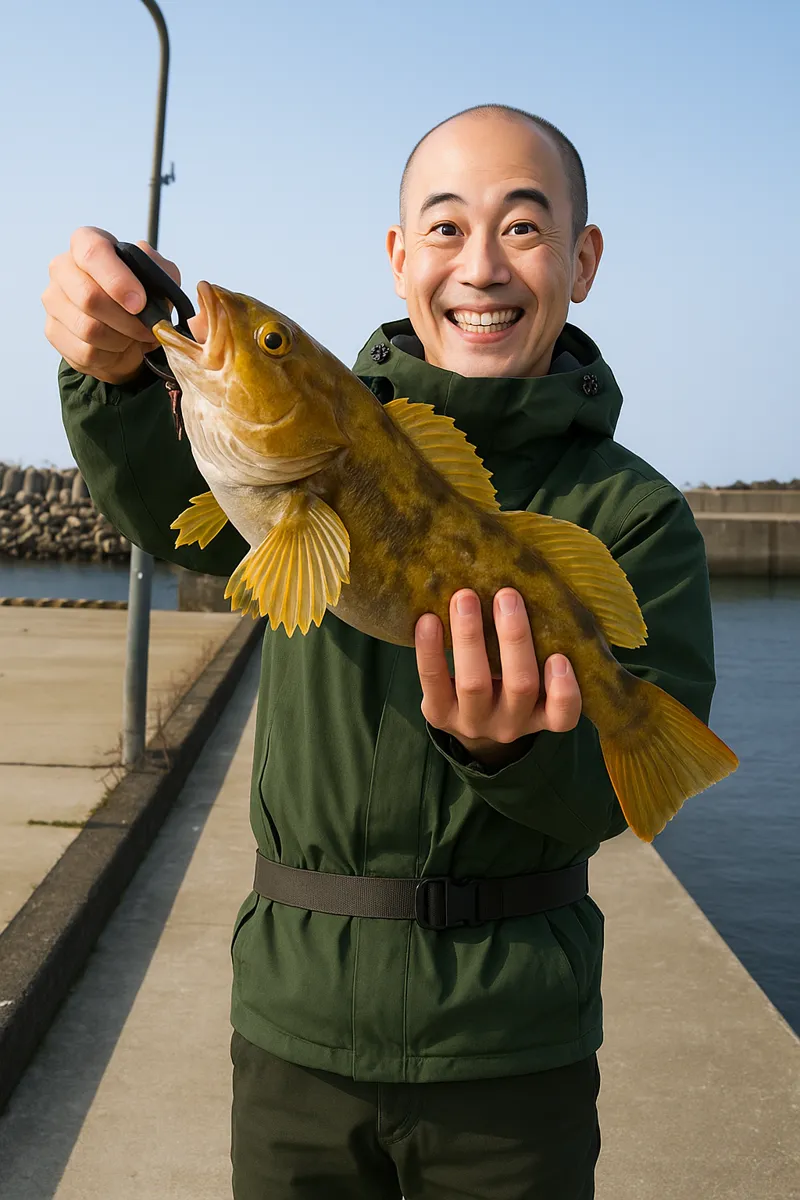 田老漁港でアイナメの釣果を得たがんだま君.webp