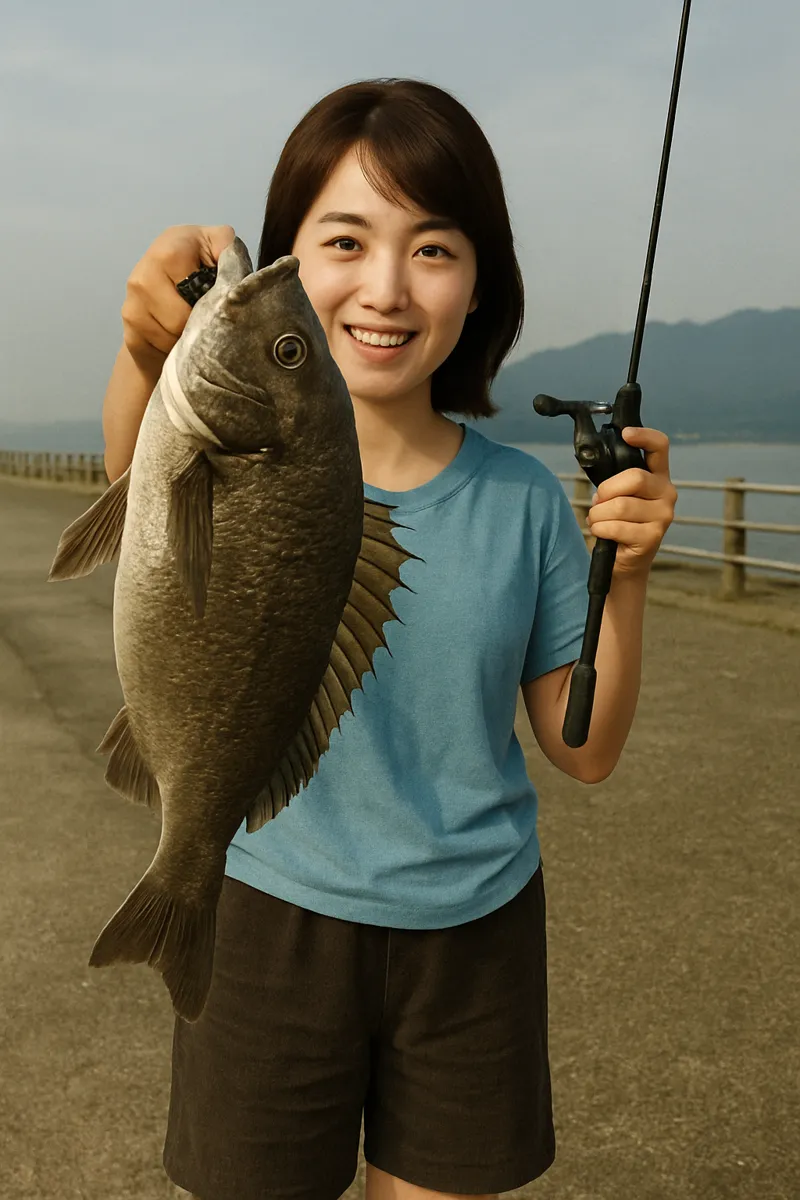 甲突川河口でチヌの釣果を得た女性.webp