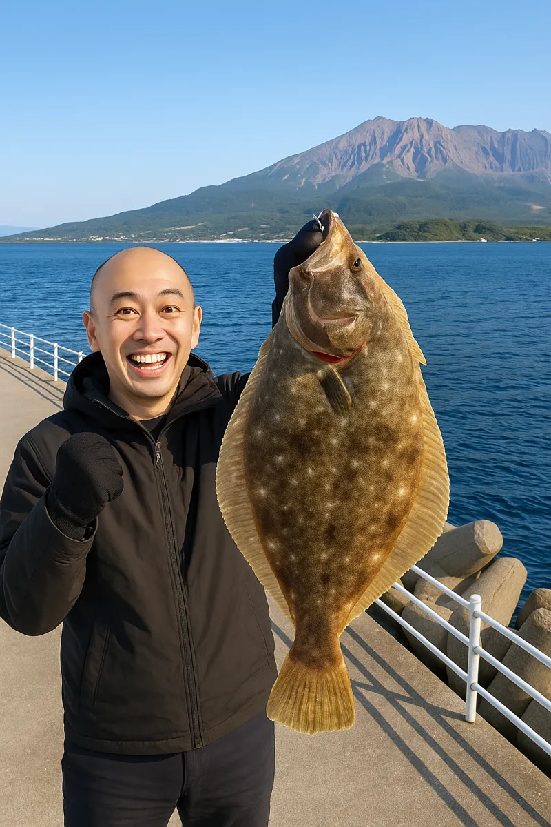 甲突川河口でヒラメの釣果を得たがんだま君.webp