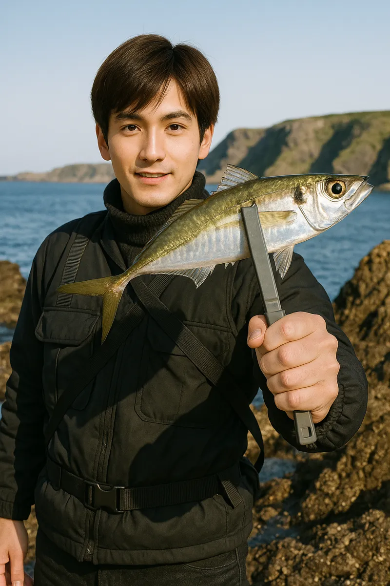 男鹿水族館下の磯でアジの釣果を得た久良木.webp