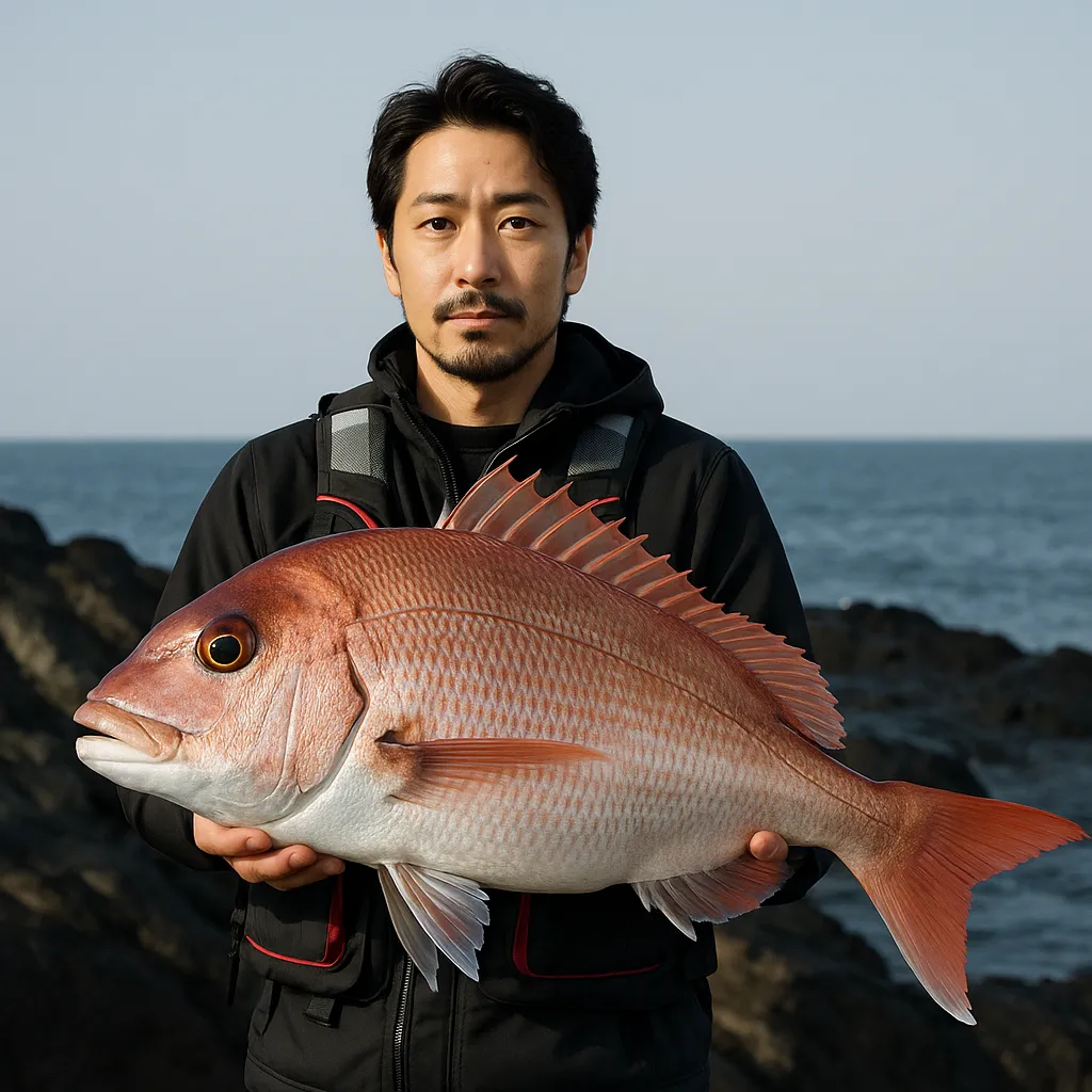 男鹿水族館下の磯でマダイの釣果を得た佐々木.webp