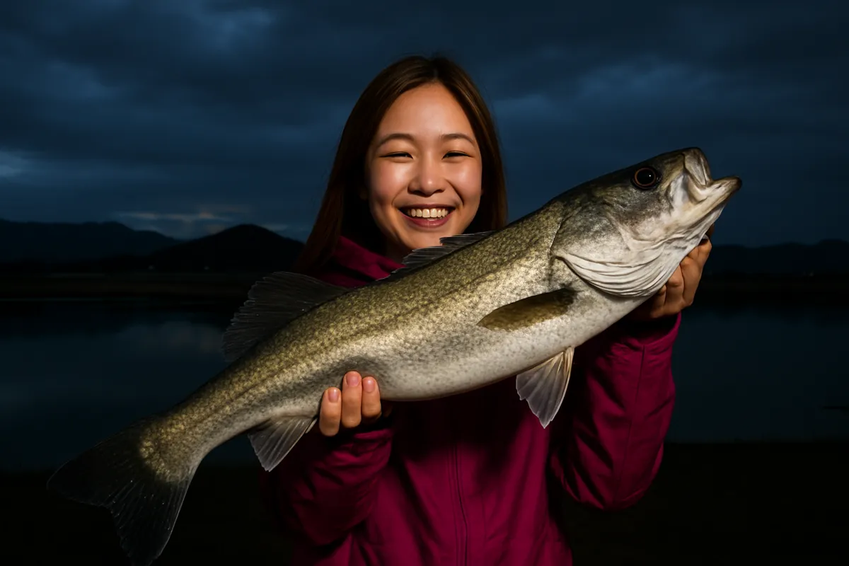 番匠川河口でシーバスの釣果を得た女性.webp