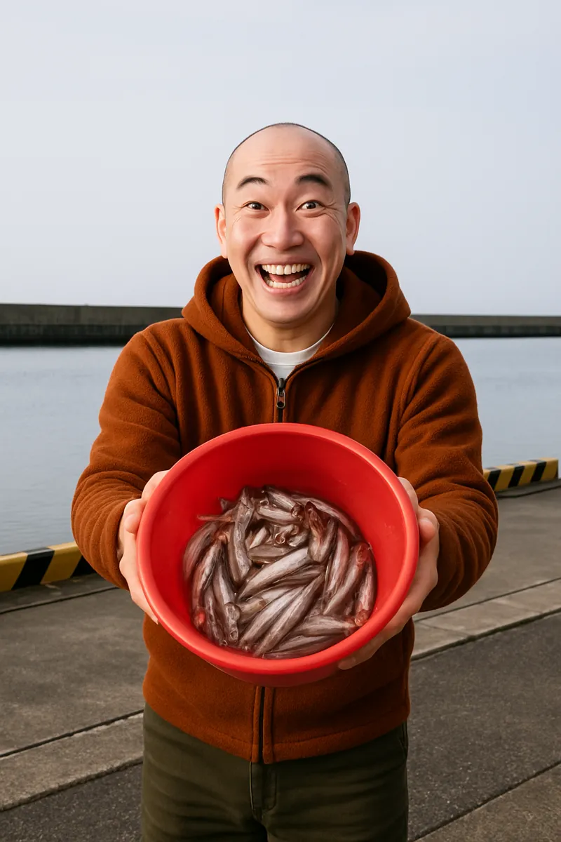 百石漁港でチカの釣果を得たがんだま君.webp
