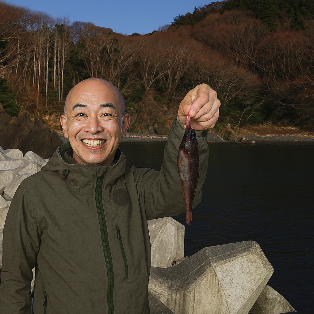 相川漁港でドンコの釣果を得たがんだま君.webp