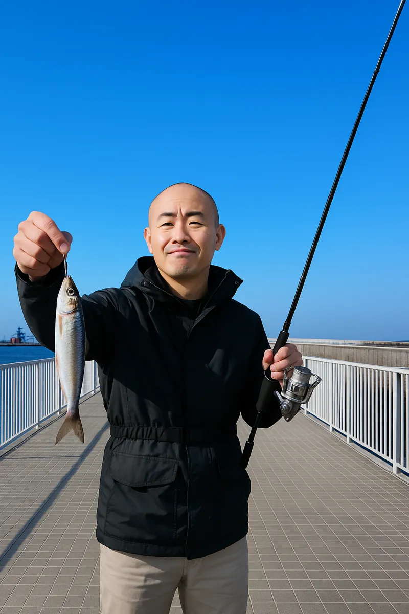 相馬港でイワシの釣果を得たがんだま君.webp
