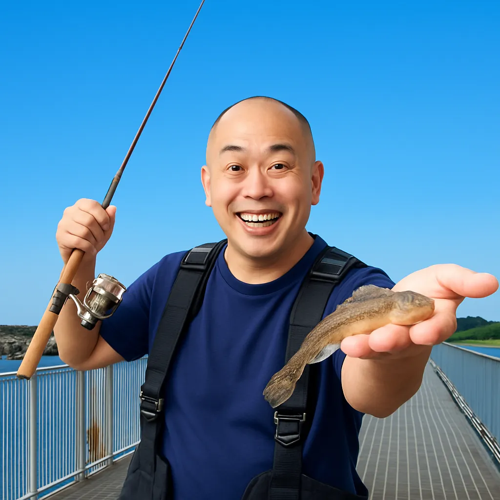 相馬港でハゼの釣果を得たがんだま君.webp