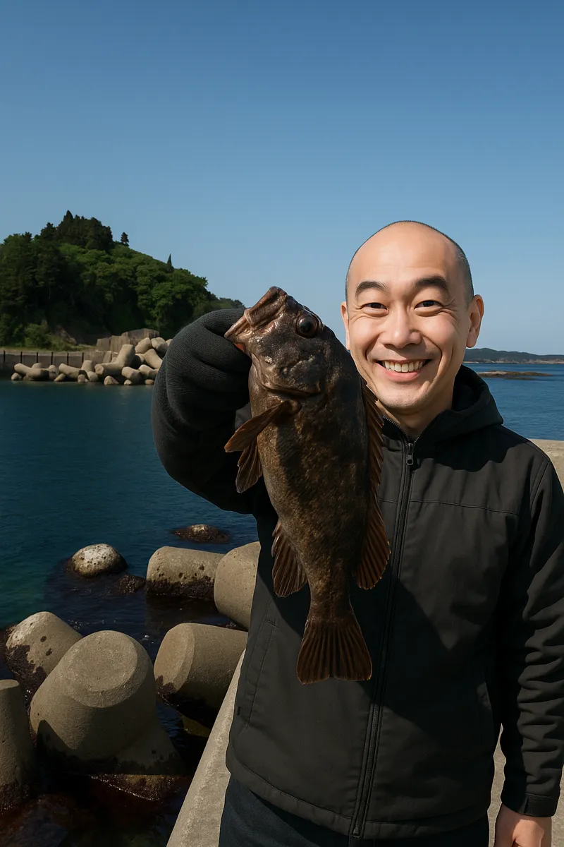 石浜漁港でソイの釣果を得たがんだま君.webp