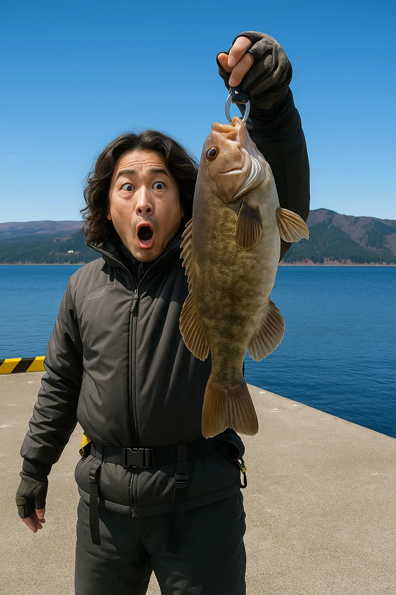 砂子浜漁港でアイナメの釣果を得た岸本.webp